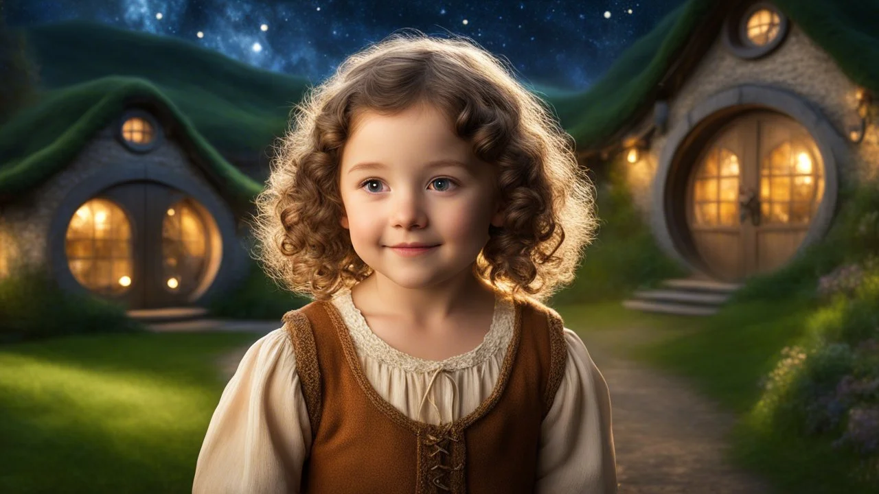 little young hobbit girl toddler, beautiful, confident, calm, wise, happy, innocent, facing camera, head and shoulders, curly hair, hobbit clothing, perfect eyes, LOTR village, hobbit homes with circular windows and circular doors, night scene, stars, fireflies, 16k artistic photography, exquisite composition, photorealistic concept art, soft natural volumetric light, chiaroscuro, award-winning photograph, masterpiece, style William-Adolphe Bouguereau