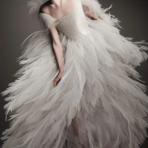 dress made out of feathers sequins and tulle and organza, swirlng, ethereal, heavenly, stunning colors, chiaroscuro, fashion photography, vogue, dramatic, beautiful lighting, delicate composition, aesthetic, ballerina, ballgown