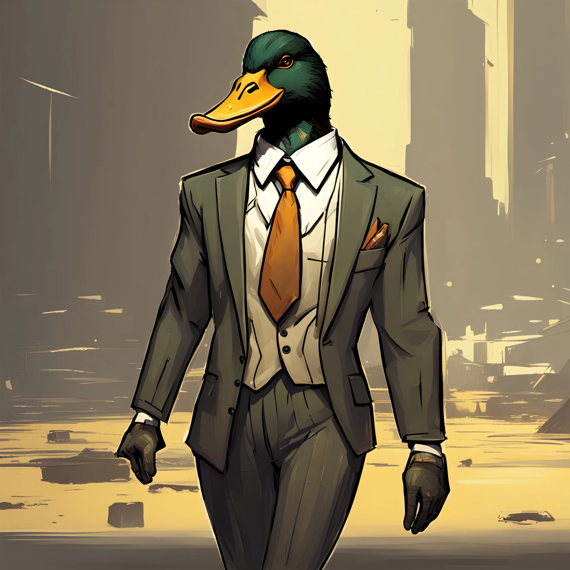 A disco elysium styled concept art of a duck in a suit