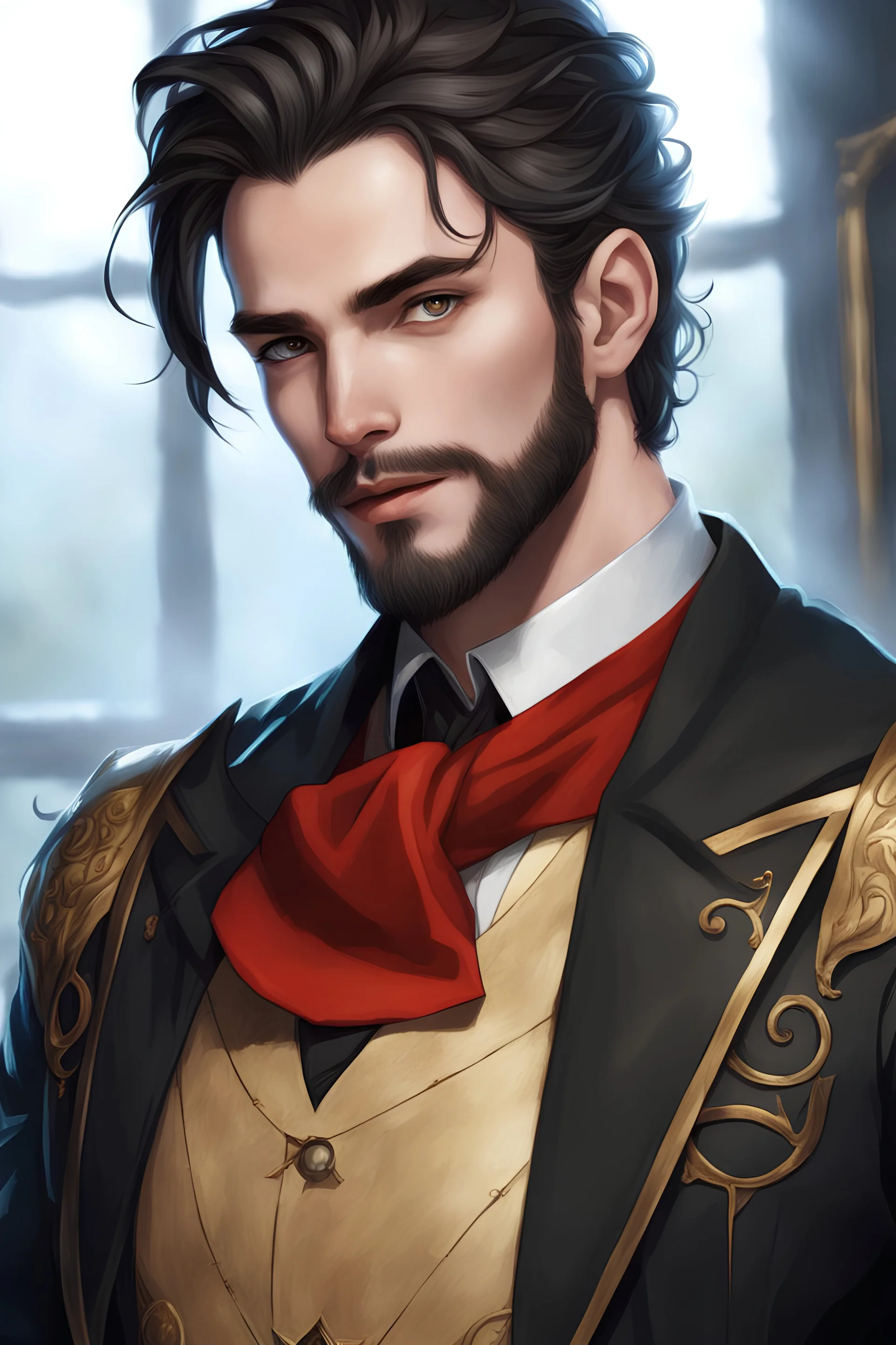 29-year-old elven male, with wavy black hair, wearing aristocratic outfit