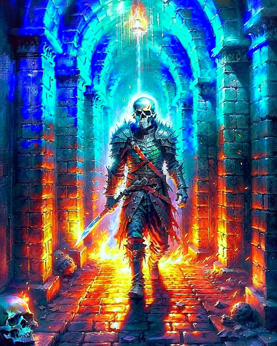 A frightening castle dungeon hallway with a skeleton warrior in rusty chainmail holding a burning torch painterly rpg art