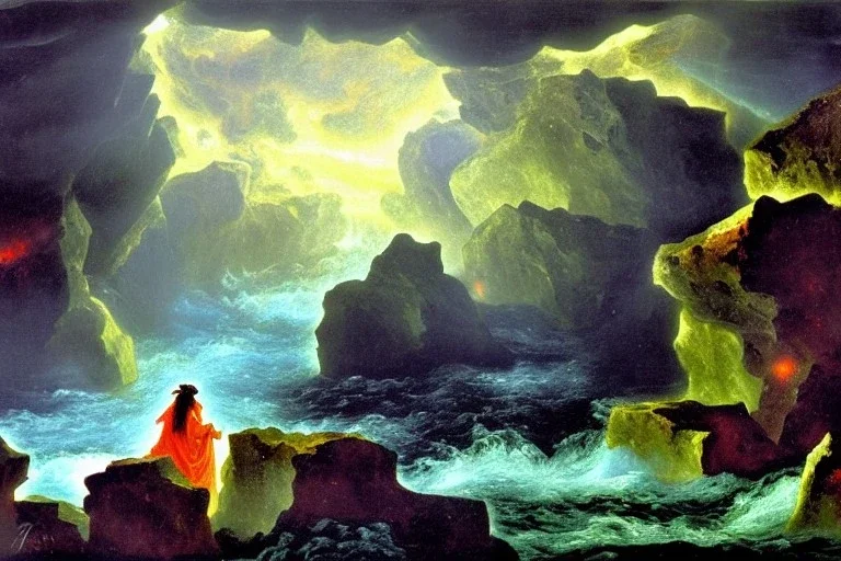 Hades at the edge of the Underworld, rocks, Impressionist painting, fine detail, high quality, masterpiece, greek mythology,