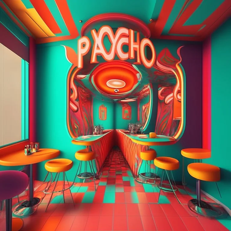Psycho Cafe design with hot colors and mirror space