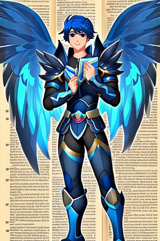 a human male with blue short hair and blue wings in an assymetrical armor with geometric patterns and a book in hand