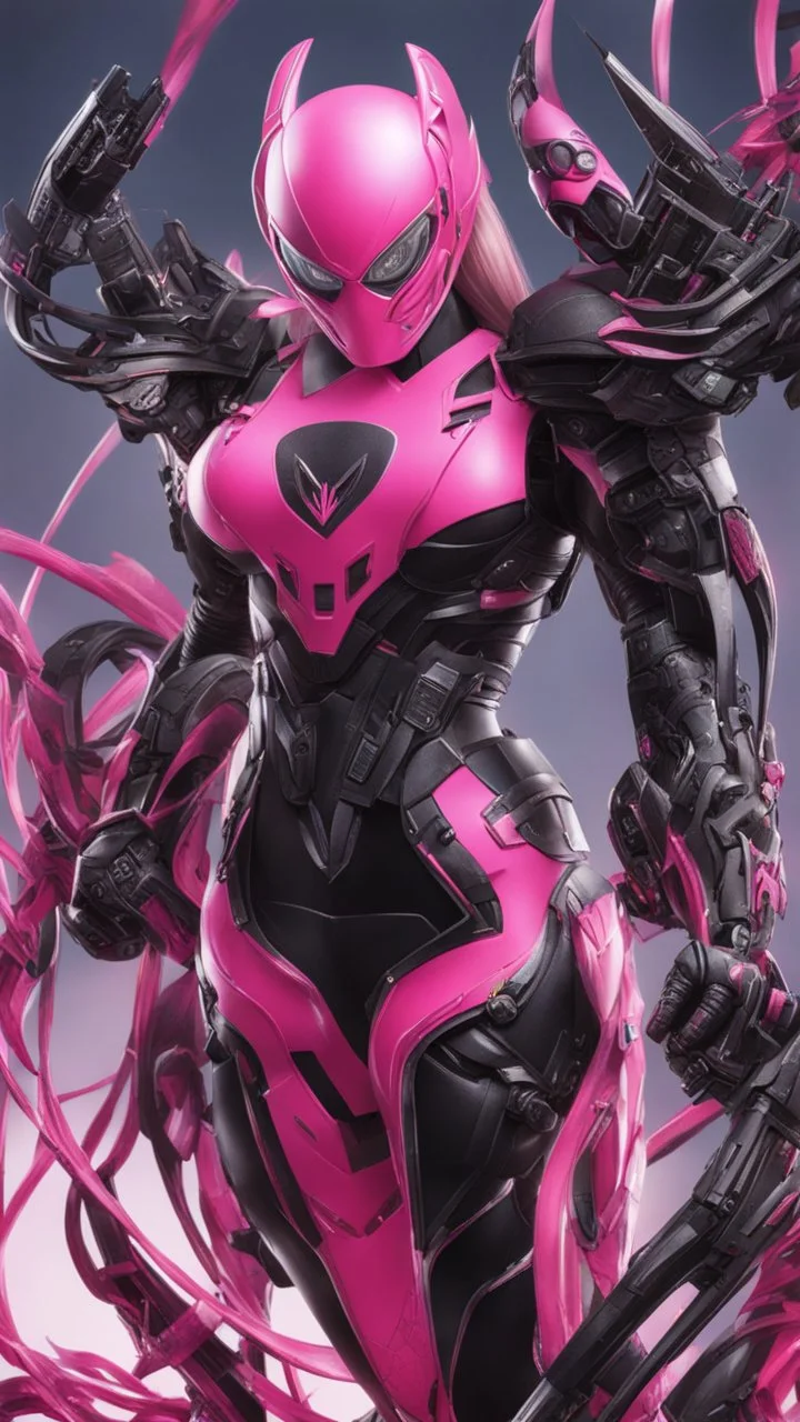 A close picture to Mix between gwenpool and symbiote, symbiote venom with transformers, high details machine, pink and black custom, intricate details, highly detailedin