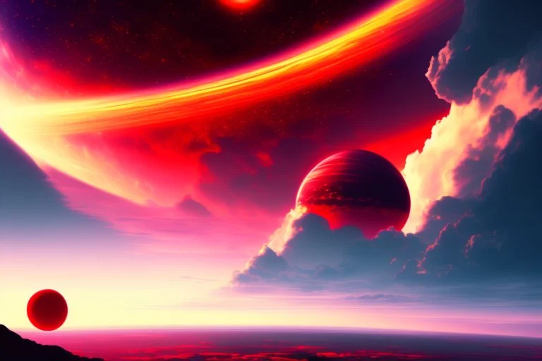 red exoplanet in the horizon, stars, stream, clouds, fantasy, sci-fi, hd