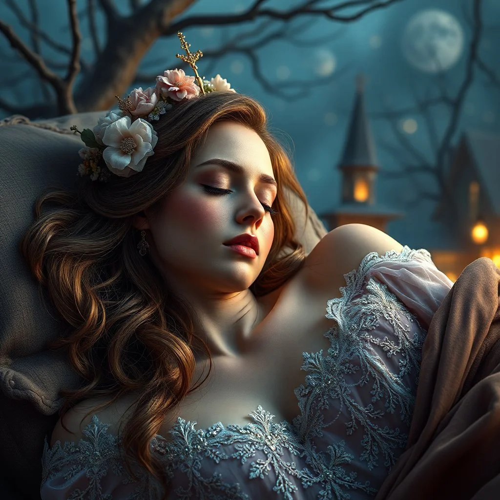 A hyper-realistic,sleeping beauty, Photo Real, HOF, full size, practicality,manufacturability,performance, (((realism, realistic, realphoto, photography, portrait, realistic, elegant, charming, apocalyptic environment, professional photographer, captured with professional DSLR camera, trending on Artstation, 64k, ultra detailed, ultra accurate detailed, bokeh lighting, surrealism, Thomas Kinkade backgroun