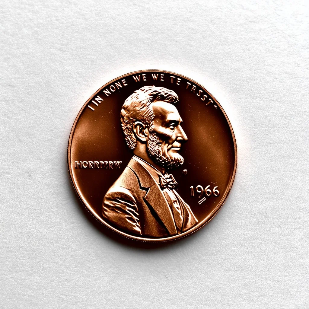 photography of a 1966 Copper Penny but with a zombie that resembles Lincoln, text "1966", text "IN NONE WE TRUST", horror, surreal, dark negative space, macabre