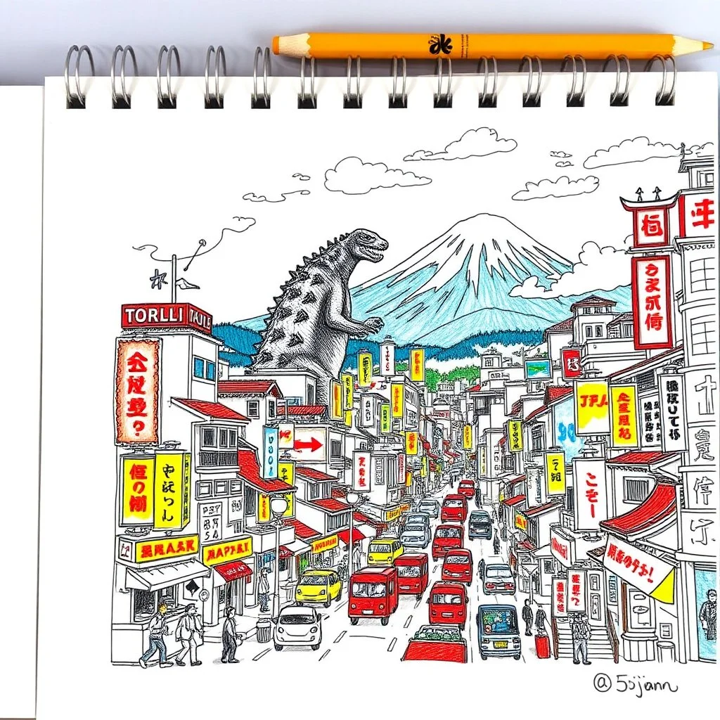 rich color pencil hand doodle sketch on a spiral binder notebook page, busy Japanese city, mount Fiji in the distance, Godzilla in the streets, in the style of Alexander Jansson and David Welker, incredible busy doodle world