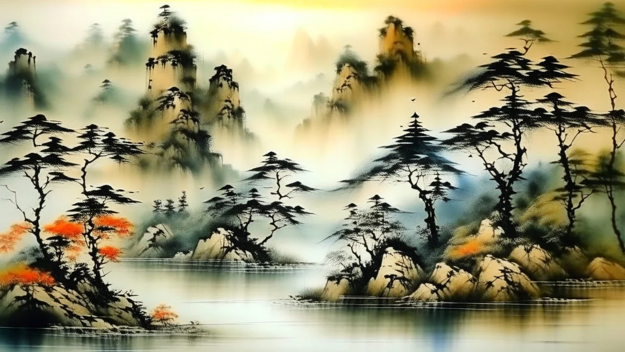 chinese brush painting, relaxation, luxury, dream world, calm beauty, symmetry, fantasy world, magic, beautiful composition, exquisite detail, 80mm lens