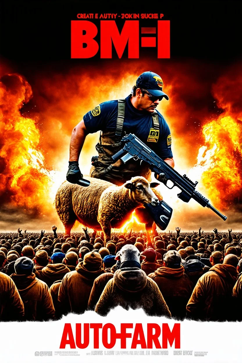 "Create a 90s-style action movie poster titled 'AUTOfarm. Include the (subtitle 'BMI - BMI Suckin-p-p' prominently) Feature a heroic mechanic battling thousands of people with a spanner, and in the background, show a sheep holding a machine gun. The scene should be intense and dynamic, capturing the high-energy and gritty aesthetic of classic 90s action films.