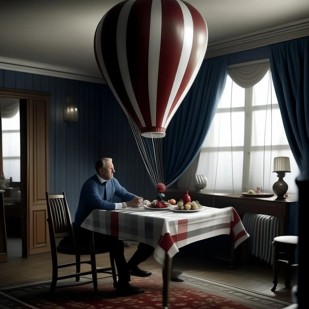 Tom lands on the dining table in the balloon