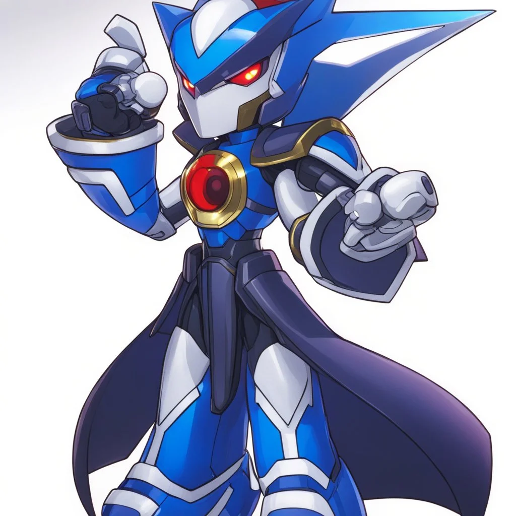 A sleek robotic warrior blending MegaMan Zero. The design features Zero's RED color scheme, with gold accents on shoulders, chest, and gauntlets, plus white highlights on the limbs. The aerodynamic body combines Neo Metal Sonic's sharp, angular edges with Zero's humanoid proportions. A glowing green plasma saber is held in one hand, while an energy cannon adorns the other. The helmet merges Zero’s crest and gem centerpiece with Neo Metal Sonic's spiked crown.