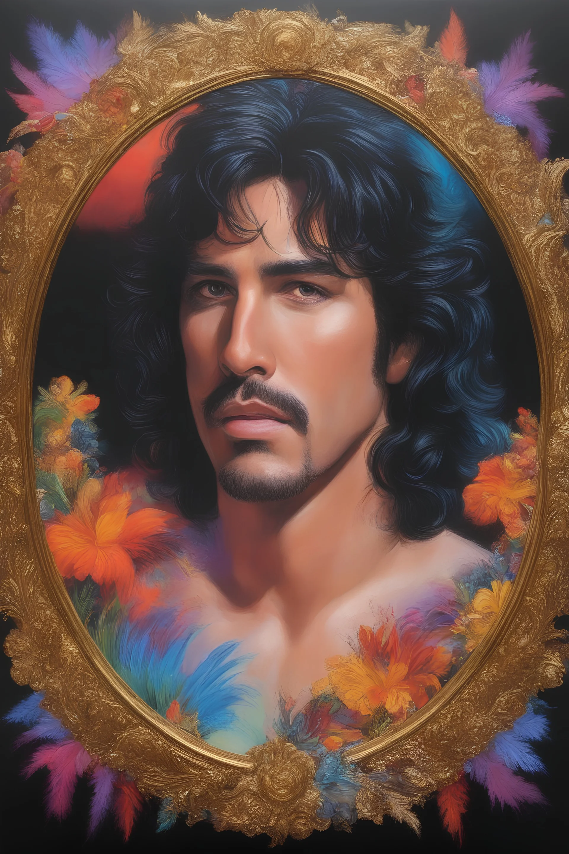 a man's face inside a round gold frame, Paul Stanley/Elvis Presley/Keanu Reeves/Jon Bernthal, multicolored, large, Floral/rainbow designs, atmospheric, beautiful, bright, vibrant colors, pitch-black background, oil painting by Boris Vallejo, 4k UHD, Photorealistic, professional quality