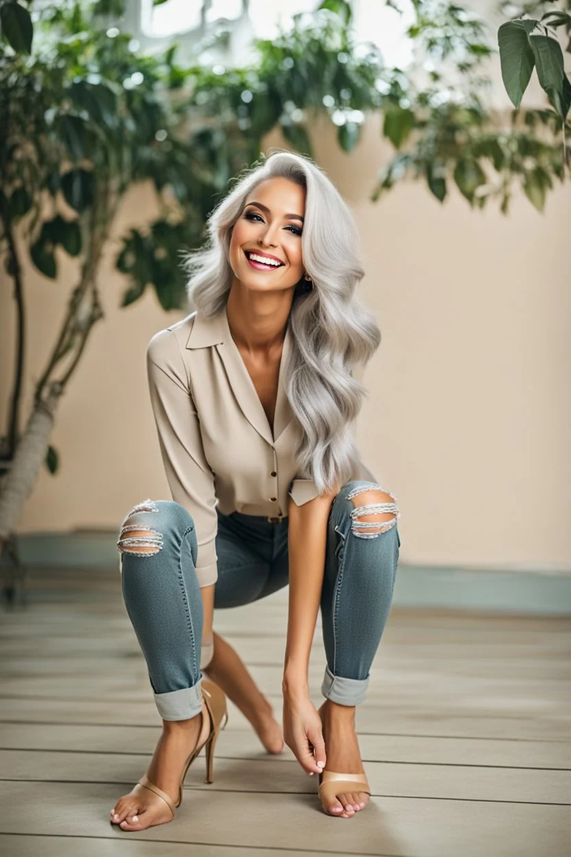 full body of very beautiful girl wearing pants and blouse ,white gray hair ,standing idle happy pose in studio pretty makeup