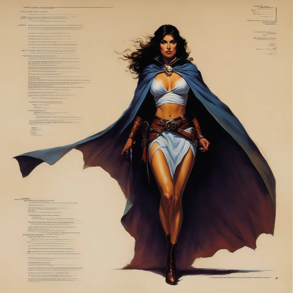 ConceptSheet [by Boris Vallejo]: woman thief and her magic cape with AD&D statistics