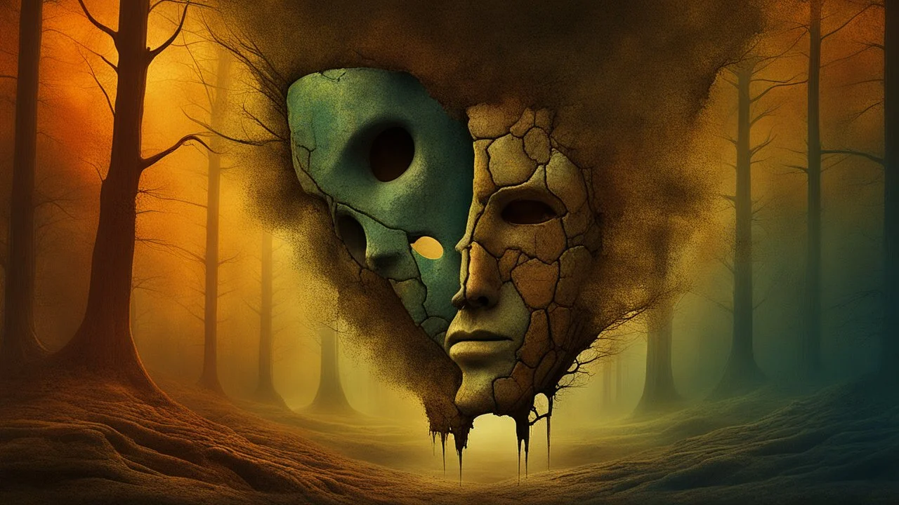 Skin bones stone face, dystopian environment, a forest can be seen through a hole in the side of the head, cracks and peeling in the face, a brain from another time, a divided mind, a portal to the distant future. Deep contrasting colors. Surrealism and abstraction by Angel Planells