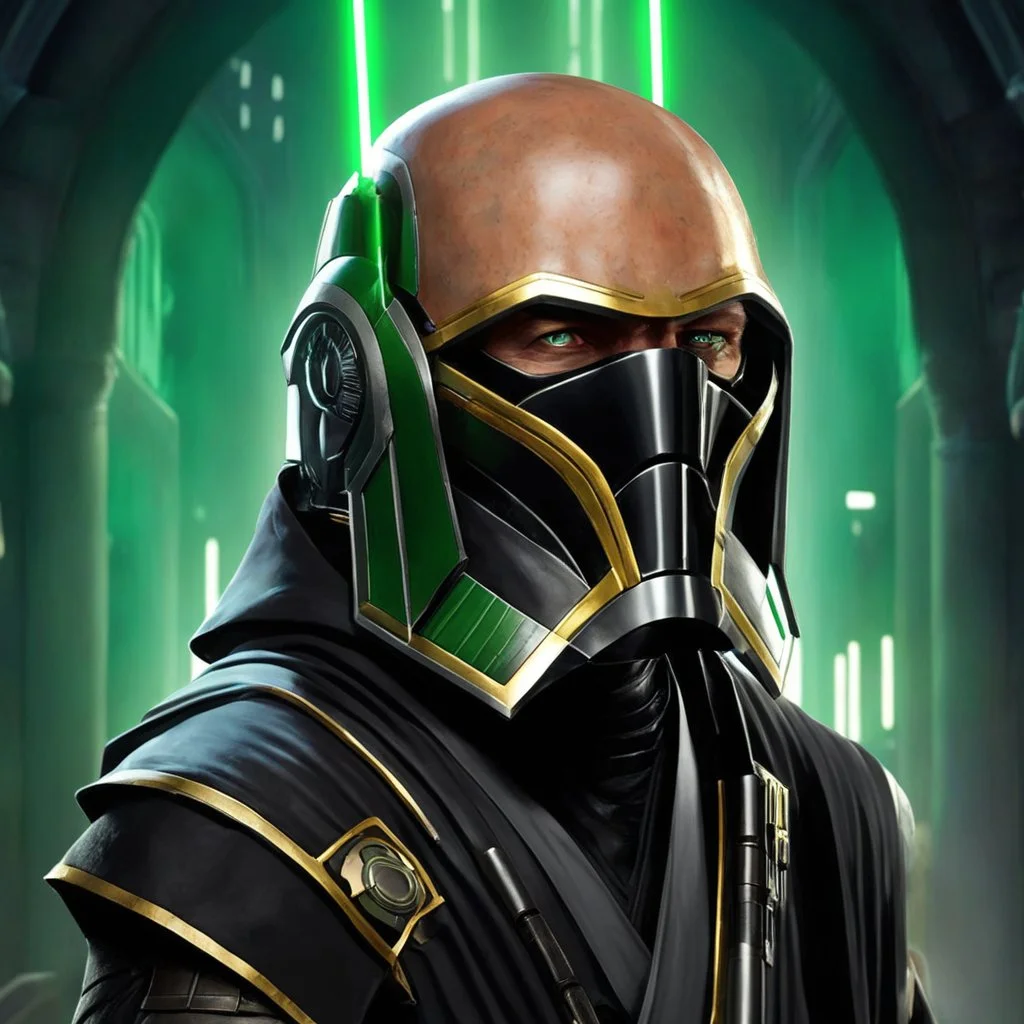 star wars bald male corellian jedi pilot wearing gunmetal grey and black old republic armored robes with gold trim inside the jedi temple holding a lightsaber with viridian green blade in left hand, centered head and shoulders portrait, hyperdetailed, dynamic lighting, hyperdetailed background, 8k resolution, volumetric lighting, light skin, fully symmetric details