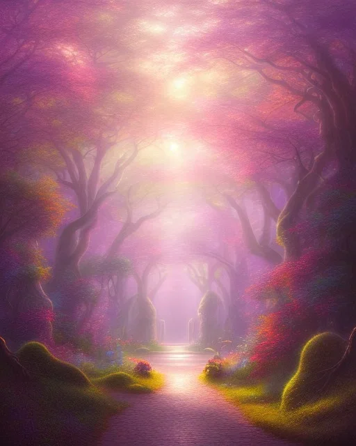 park mystical dream, trees, path, bird, sunshine, mystical, fantasy, romanticism, pastel colors, daylight, daytime, acrylic painting, detailed, soft focus,