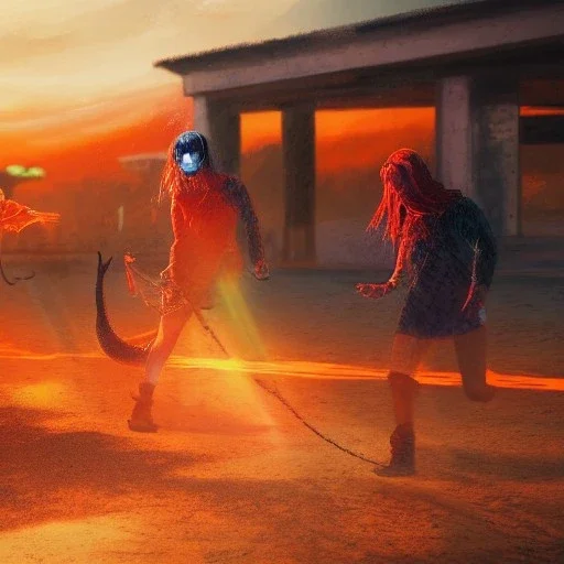 girls playing under the rain, at sunset, with a snake, high details, color orange to red, cyberpunk style