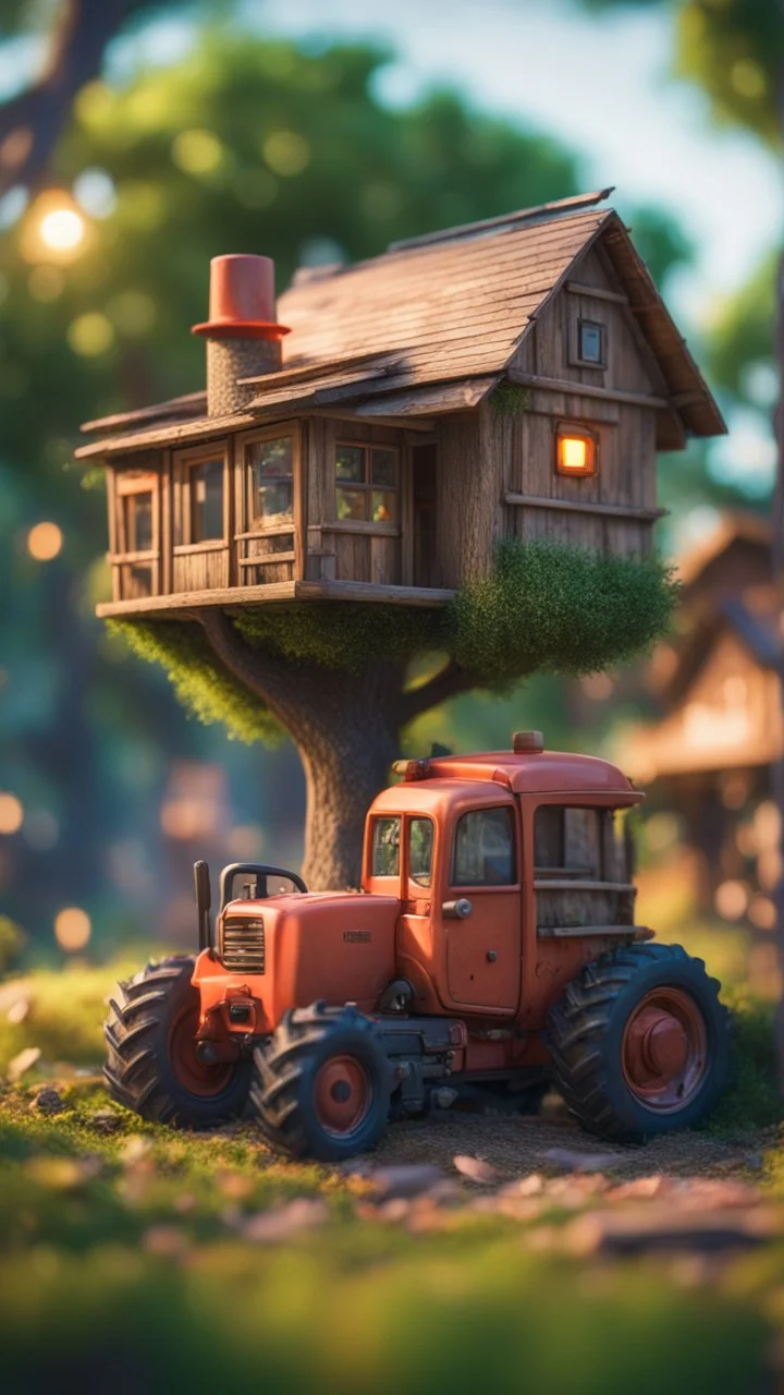 tractor with a tree house on top,bokeh like f/0.8, tilt-shift lens 8k, high detail, smooth render, down-light, unreal engine, prize winning