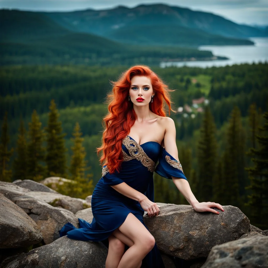 pretty dream houses in rocky mountain in wavy sea side,18 years old cute and adorable polish model standing on the rocksextremely detailed beautiful face, in hot colors adorned sapphire and gold one strap dress, wearing sexy in fashion sfilate decorated, elegant wavy hair, porcelain pale skin, shiny red lips, bright red hair, front face, right side look, beautiful smile look camera, sexy detailed elegant dress, the lens is in the left corner, ultra focu