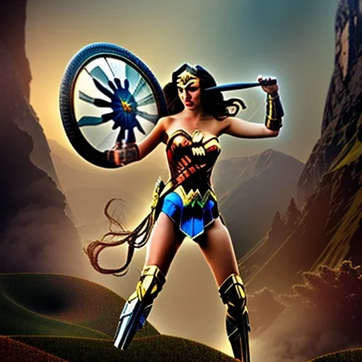 Wonder woman battles a bug on a hill