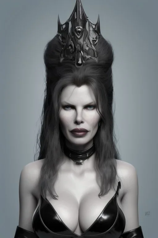 Kim Basinger as evil queen in black leather, busty, cleavage, curvy, angry, stern look. character design by cory loftis, fenghua zhong, ryohei hase, ismail inceoglu and ruan jia. unreal engine 5, artistic lighting, highly detailed, photorealistic, fantasy