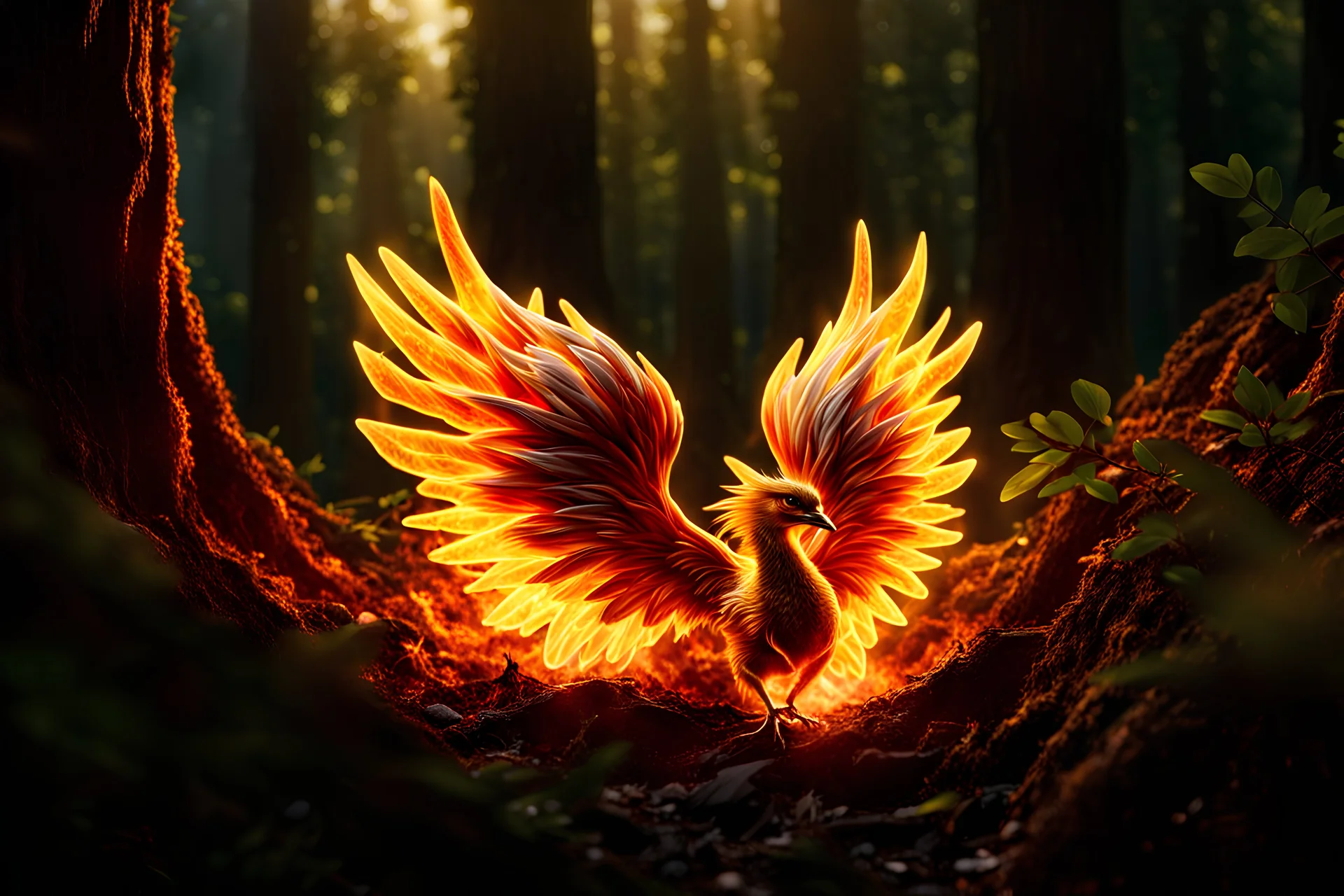 Extremely detailed and intricate scene of a baby phoenix being born from ashes, rays of sunlight shine on the phoenix, in the background is a dense dark forest, settings: f/8 aperture, hyper realistic, 4k