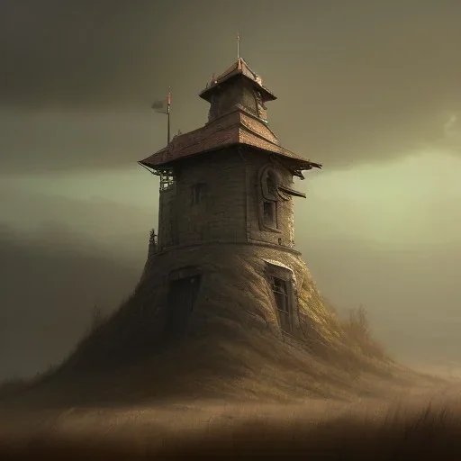 franz frazetta style, guardtower on hill, amon hen, dusk, storm in the distance