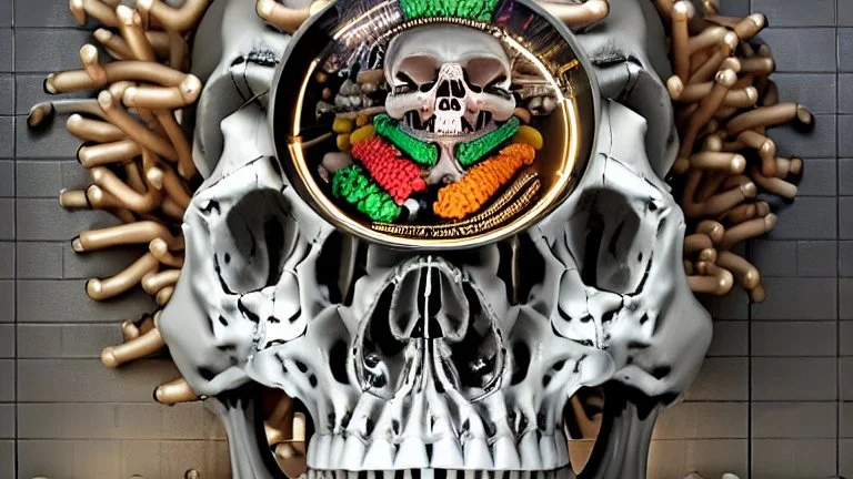 hundreds of anatomically correct, human skulls stacked into a wall unusual neon lighting, high octane, 64k, dystopian, vray, a picture of a dark, comedic, anatomically correct wall of colorful tightly packed skulls of varying sizes and expressions, photo-realistic, insanely meticulous, highly detailed,, 64k, dystopian, vray