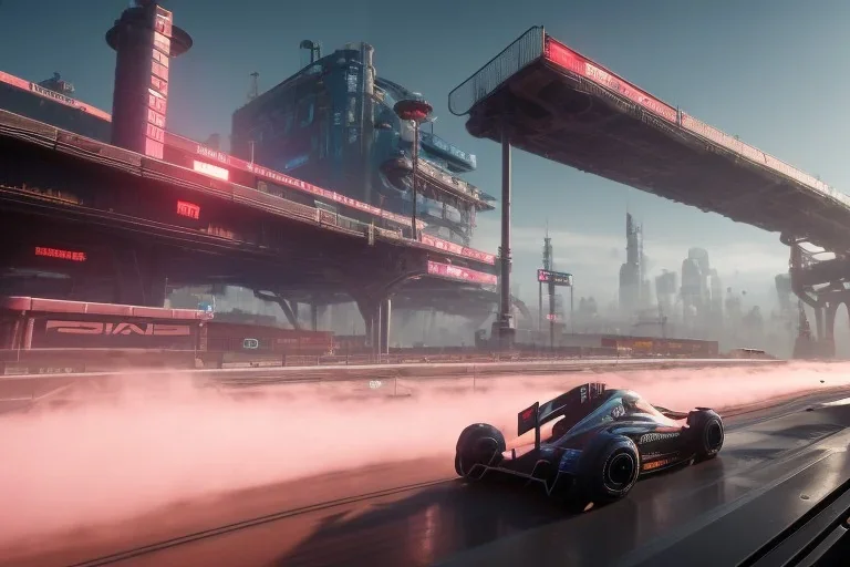 Futuristic, anti-gravity formula racer hovering above track, cyberpunk style, fog, depth of field