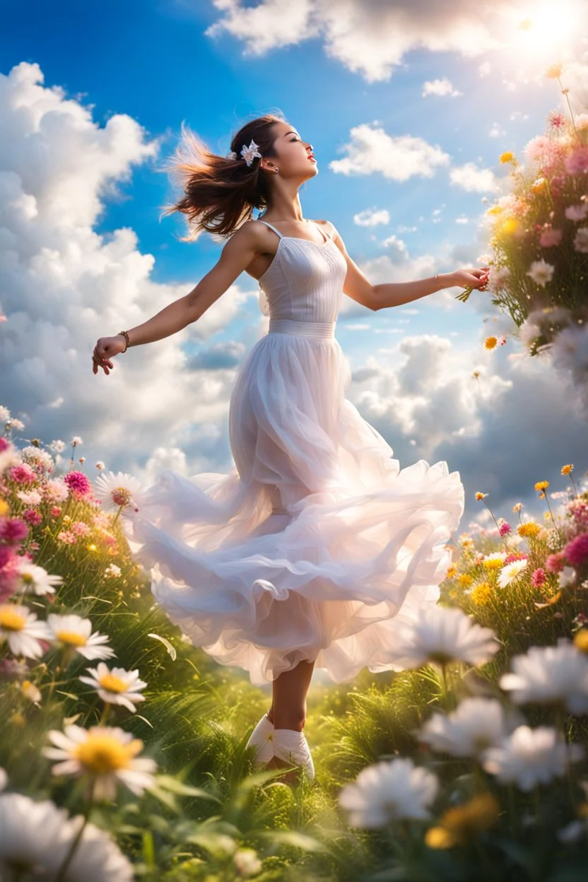 romantic environment heaven flowers clear nice clouds ,young girl gracefully dancing and whispering her lovely joy,full body shot,sharp focus, realistic.