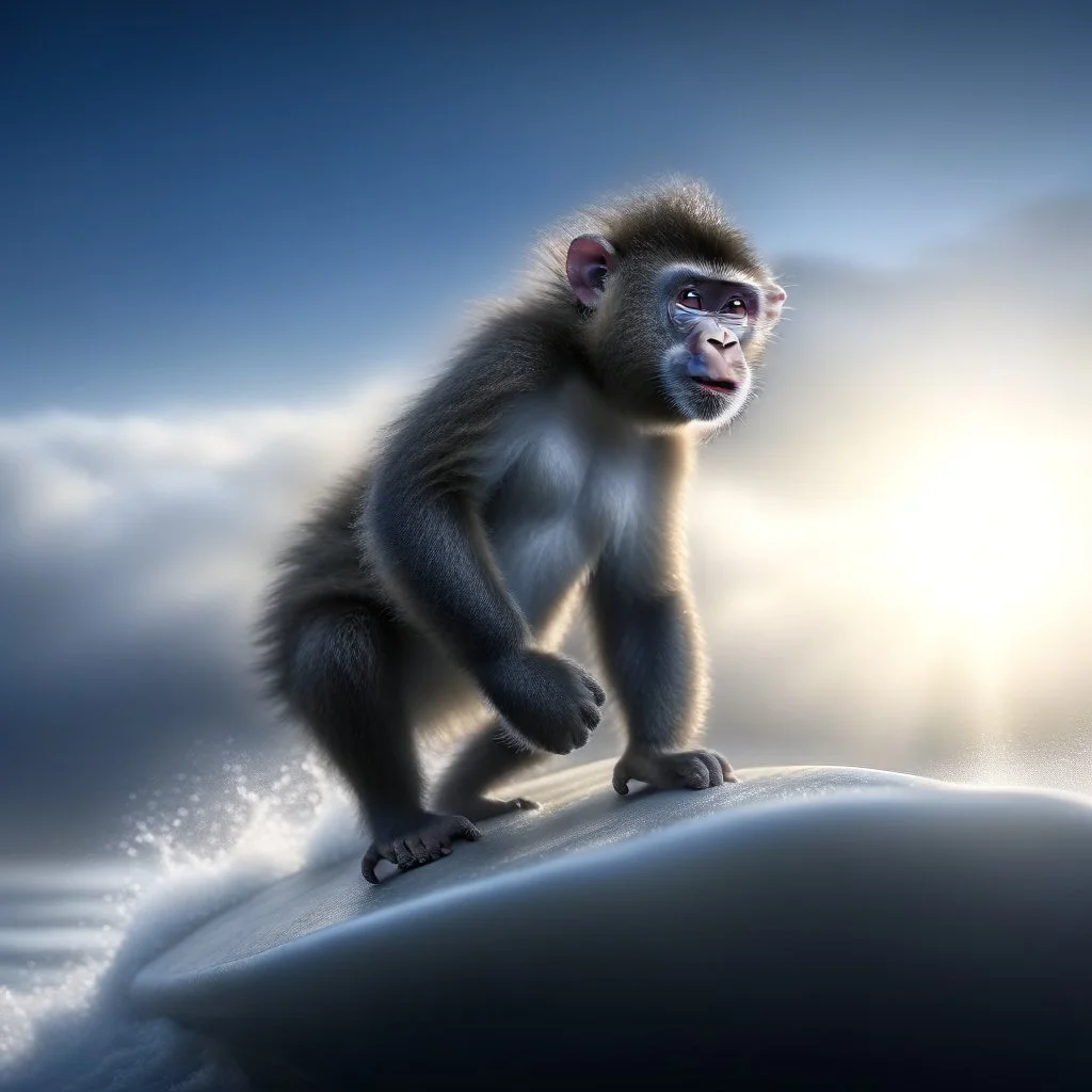 monkey on surfing board photo shoot, 8k, down-light, soft light, depth of field, photo realism, trending on art station, high detail, smoke and fog