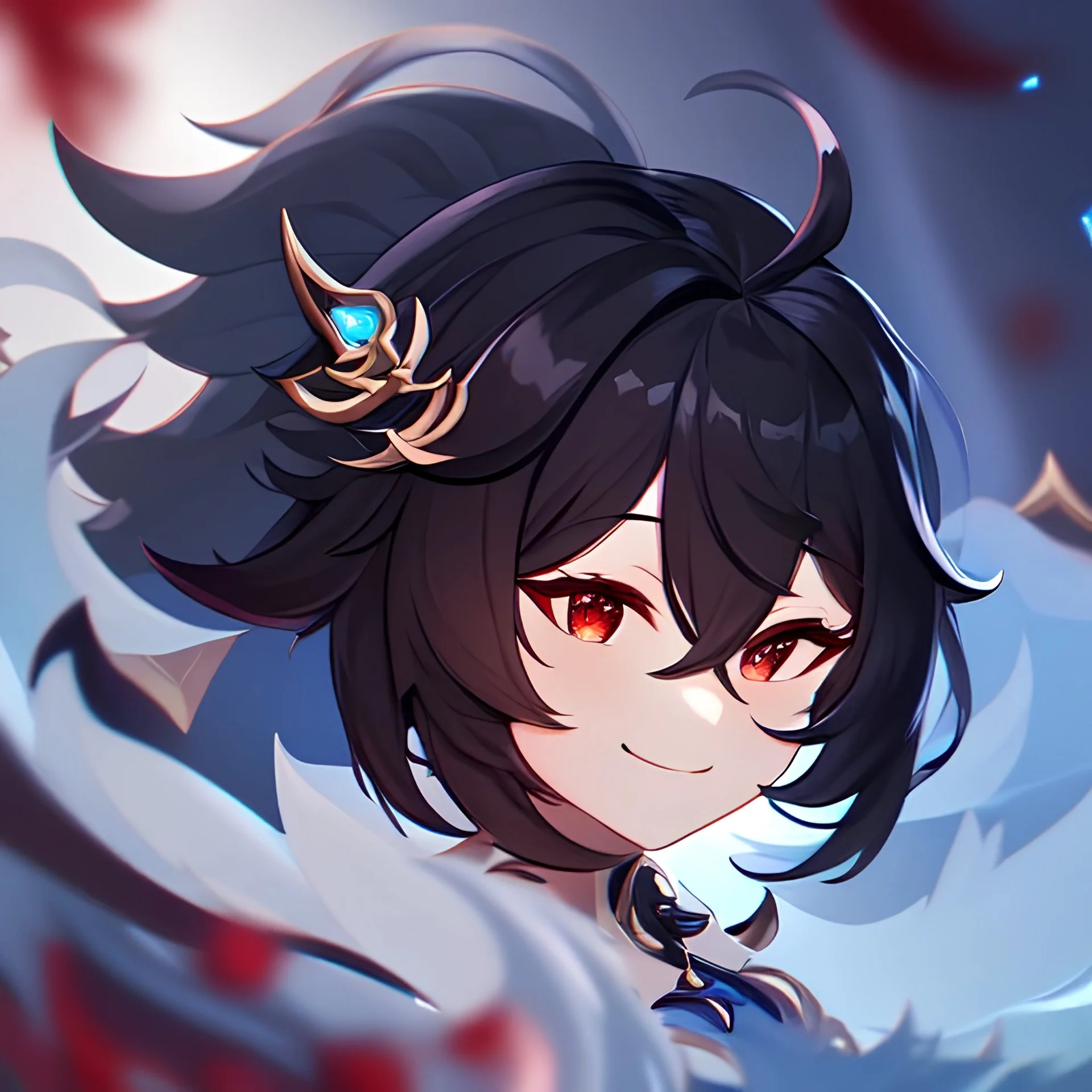 Clear focus,High resolution, black short fluffy hair, long fluffy bangs, and red eyes, Depressed girl, wearing a genshin impact outfit,slight revealing outfit, Smug smile, half closed eyes, smile, full body, Extreme close up, smiling, eyes close