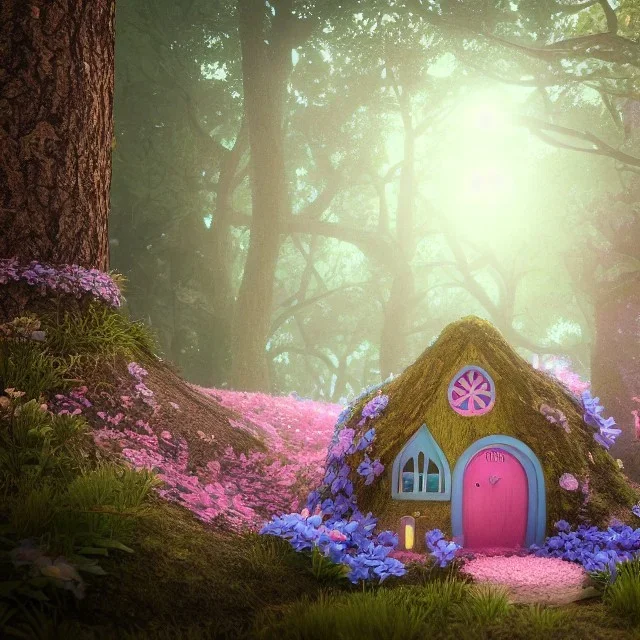 a fairy house pink and blue, in the woods, spring, 8k, flickering light, centered, high-quality, fine-detail, digital art, detailed matte, volumetric lighting, illustration, 3D octane render