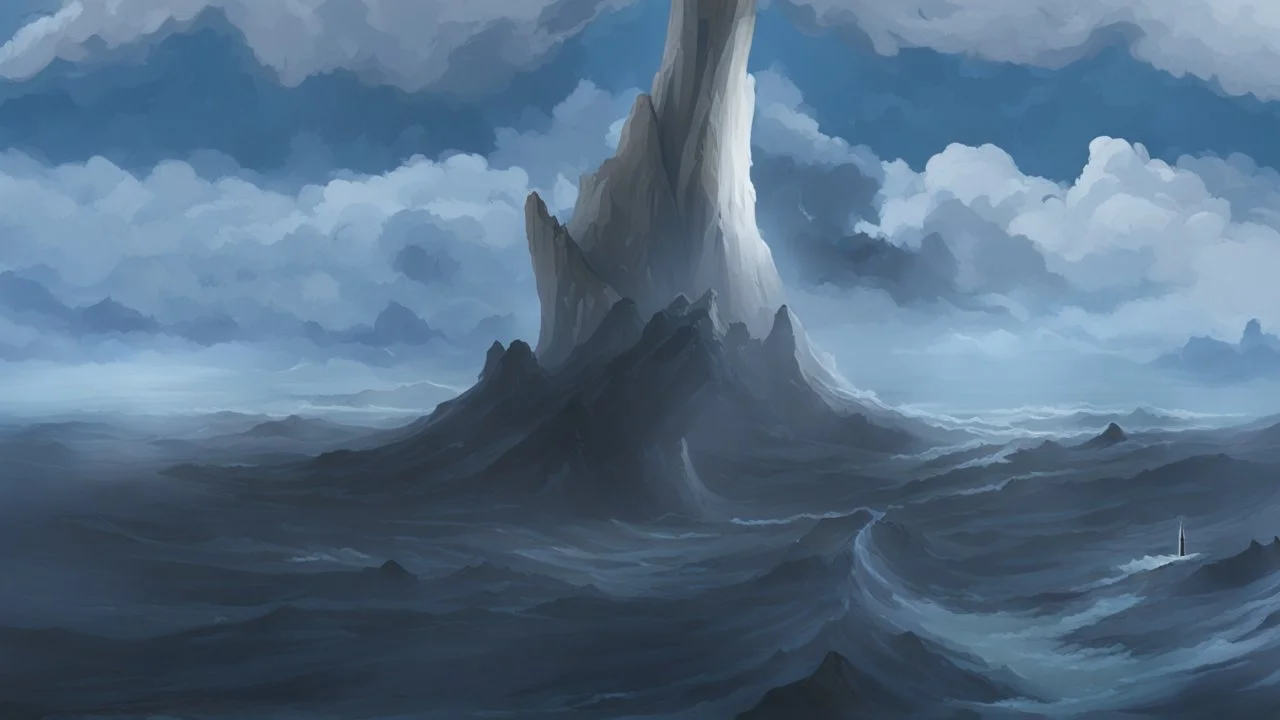 a thick hollow twisting spire rises out of the raging sea, a whirlpool inside the base of the spire