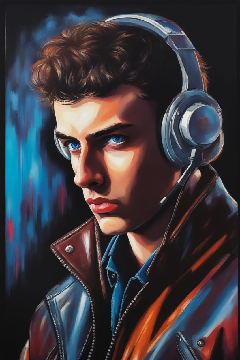 18-year-old Elvin P. Resley with crew-cut dark brown hair tapered on the sides, bangs over the forehead, goatee, bushy eyebrows, blue eyes, wearing a leather jacket - resembles Elvis Presley, pitch black background with an overhead spotlight effect, extremely colorful, oil painting by Gerald Brom