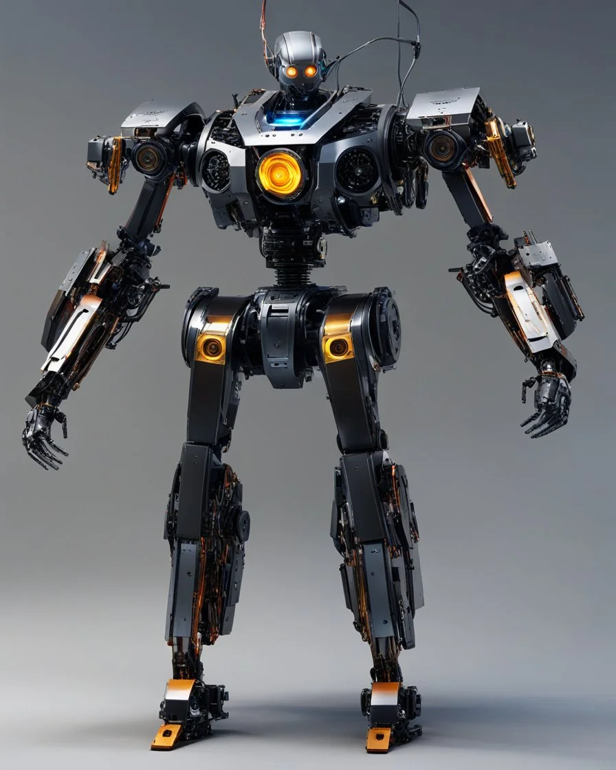 The design of this robot is very complex and realistic, with various mechanical components such as cables, plates, and perhaps sensors. The colors used tend to be dark with highlights that depict metal materials.