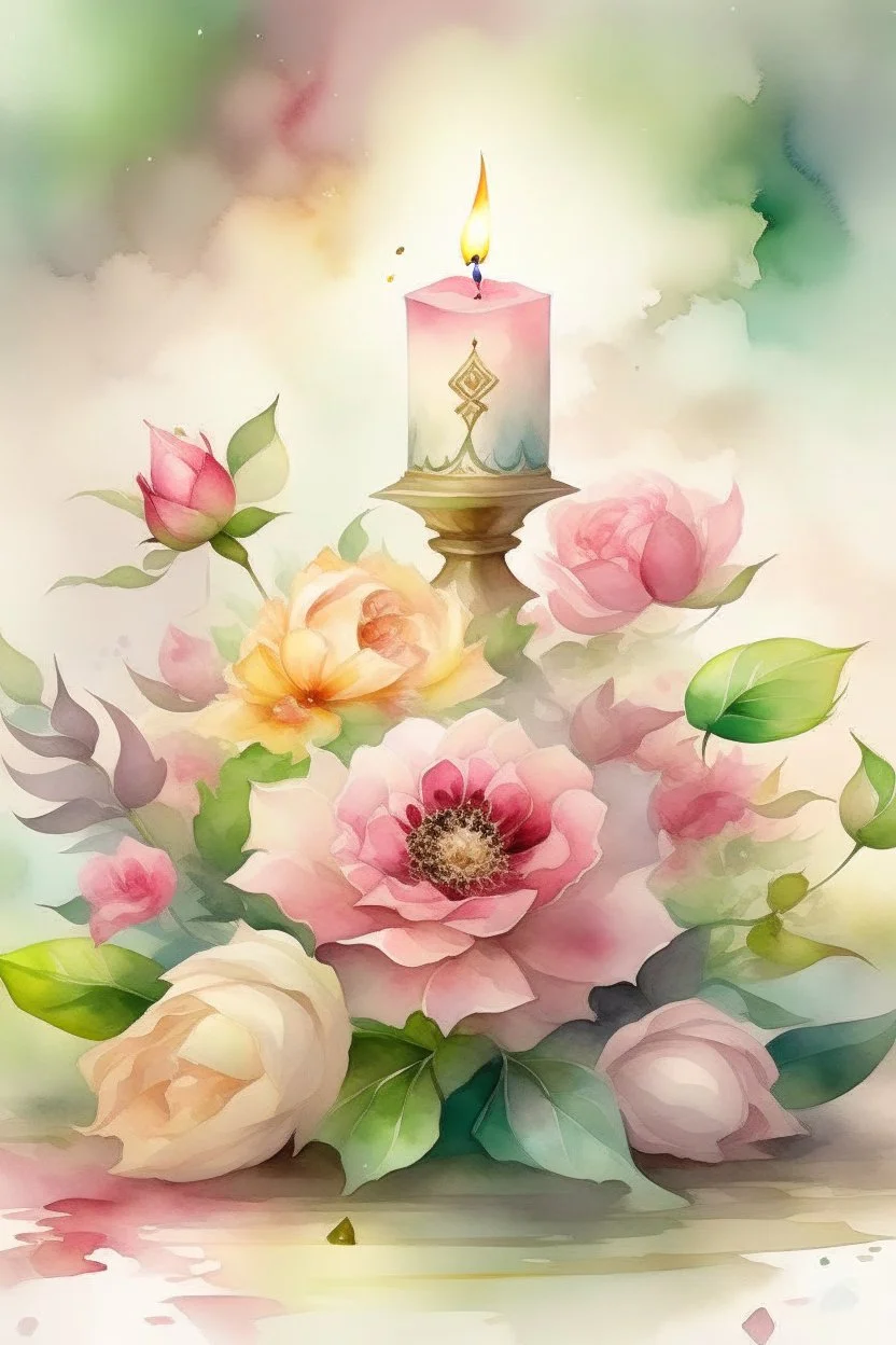 MAGIC A PYRAMID CANDLE IS BURNING AROUND WONDERFUL FLOWERS English watercolor, Smoky cream, pale gray, pale pink, pink background. bright light, a bouquet of roses on the table are pale pink, pale bordeaux, white, ochre. green stems, the light is translucent. Watercolor, fine ink drawing, peonies in an hourglass, elegant gold inlay, rich interior