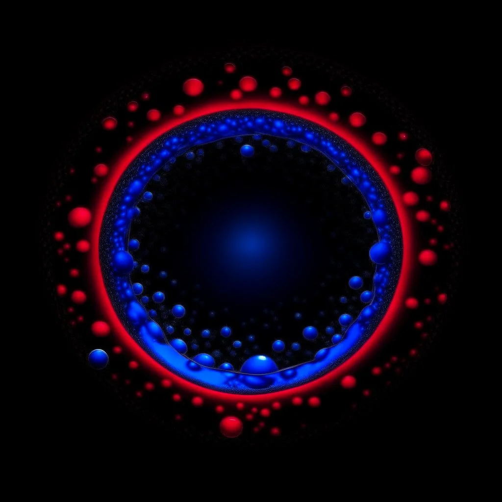 circle of waterdrops, dark romantic atmosphere, dark neon red and blue