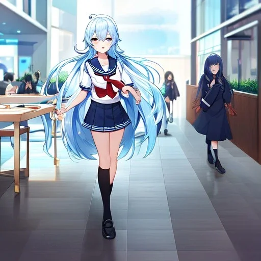 Clear focus, High resolution, long fluffy light blue hair, hair between eyes, long locks, wearing a sailor uniform, wearing a sailor skirt, long black socks, 1girl, cartoon, cute, UNFOTABLE studio, red tie, walking, outside setting