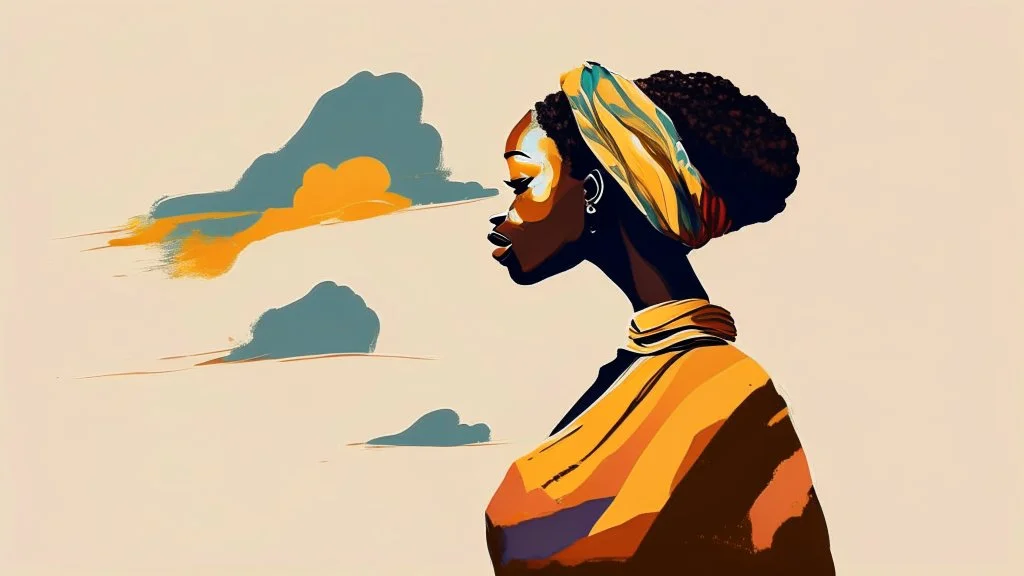 logo,Design, African woman, oil painting, featureless, graphic, drawing without facial features, background, sky, traditional clothes, cartoon, looking left