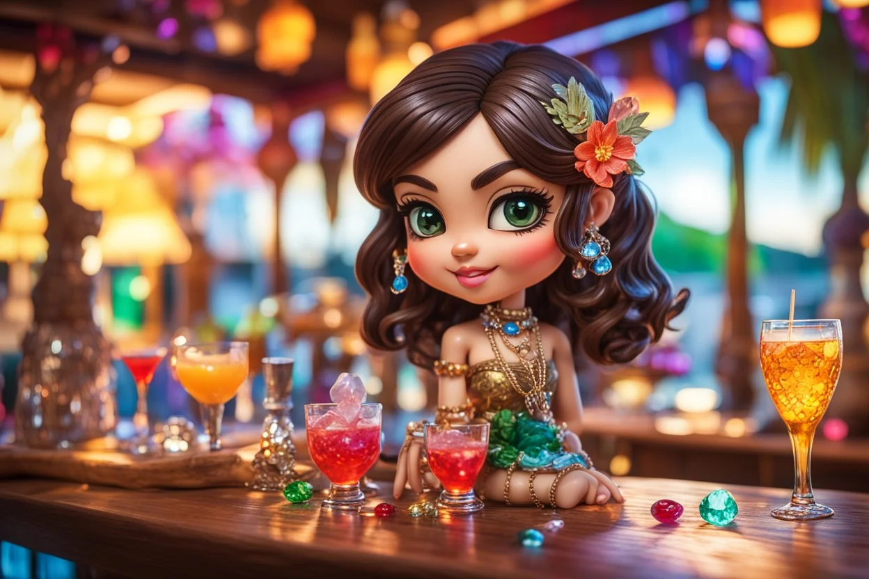 Coloured glass cute chibi brunette woman in the tiki bar with cocktails set with gemstones, glittering metal stems and gemstone leaves on a room table sharp focus elegant extremely detailed intricate very attractive beautiful dynamic lighting fantastic view crisp quality exquisite detail gems and jewels S<AI in sunshine Weight:1 Professional photography, bokeh, natural lighting, canon lens, shot on dslr 64 megapixels sharp focus Weight:0.9