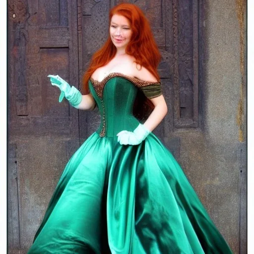 Art of a princess with long auburn hair in a big teal green and gold satin ballgown corset off shoulder top and long white gloves dancing