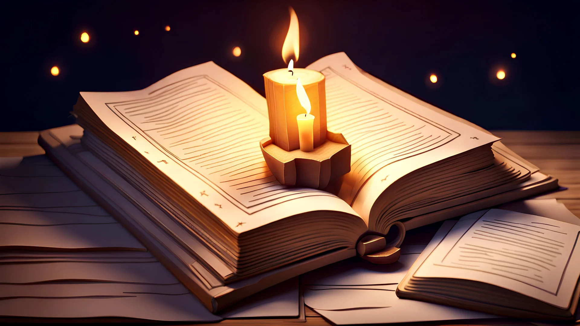 cartoon stylized low poly 3D render style ancient old fantasy book open view from top, lying on a wooden surface, lit with candle, pages are empty and clean, paper is old