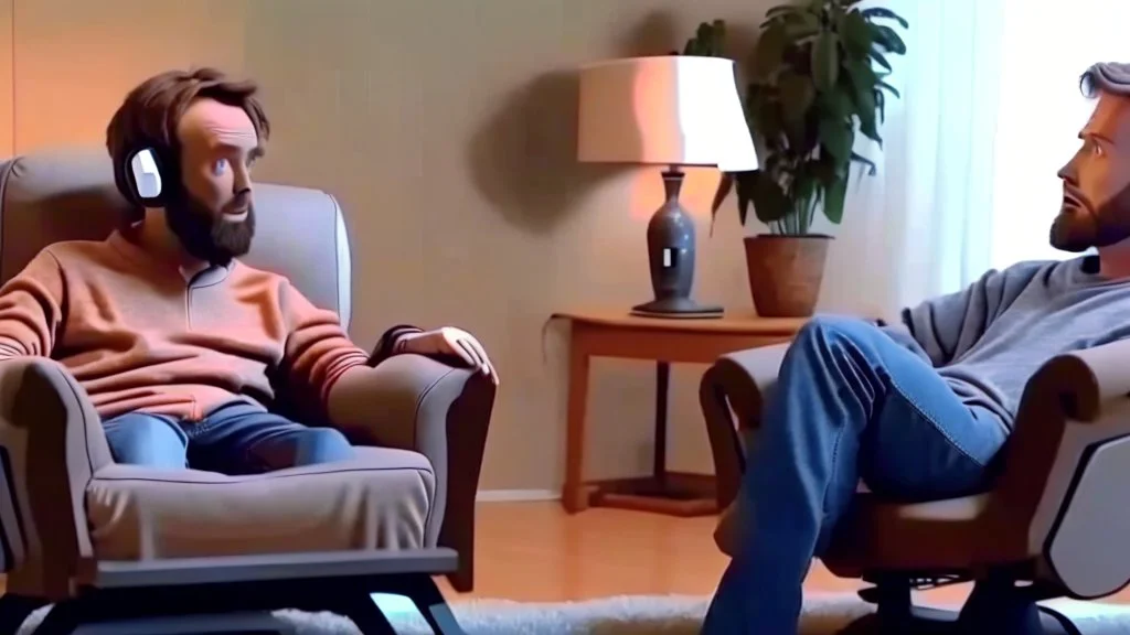 man sitting ALONE in his lazy boy chair at home argues with his AI clone on the phone