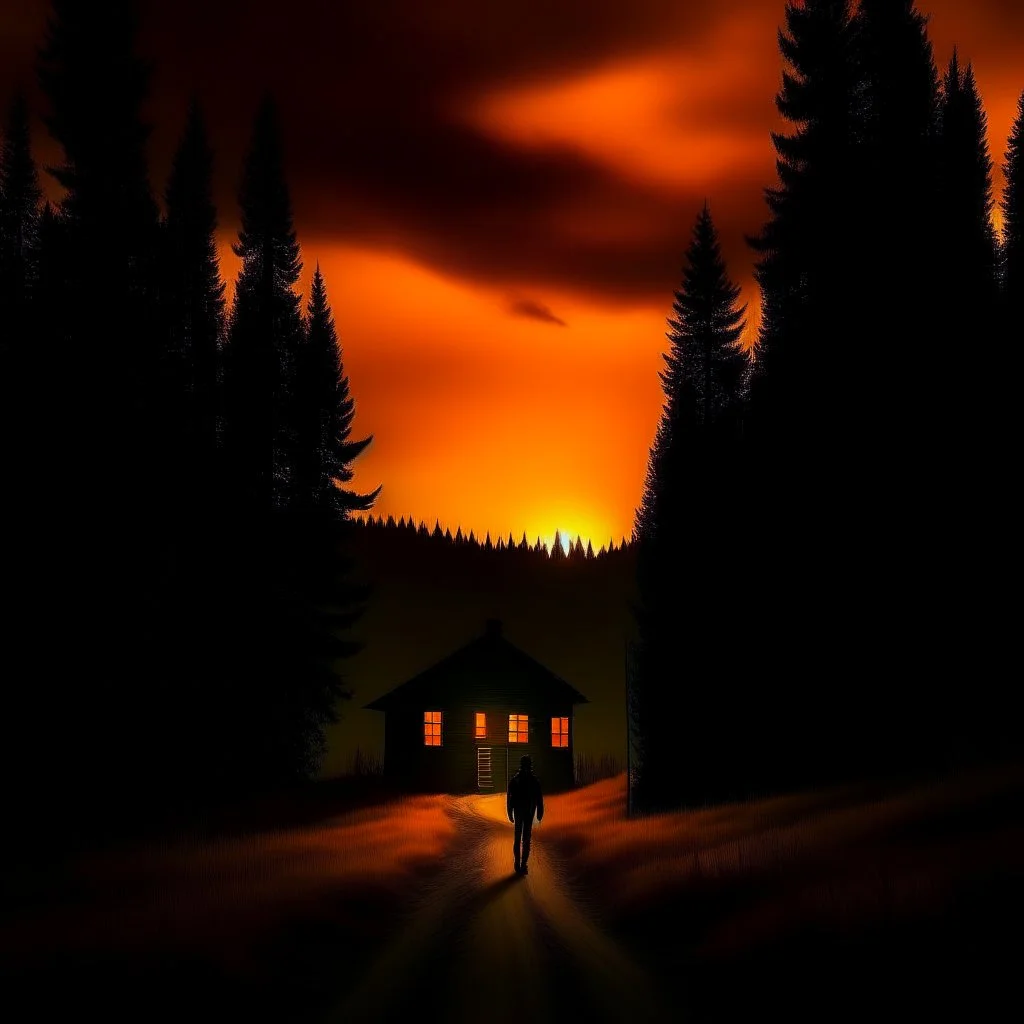 dark night, orange sunset colors in the sky, a lonely cottage with the lights on in the distance on a mountain in the woods, a lonely dark figure walking down the road