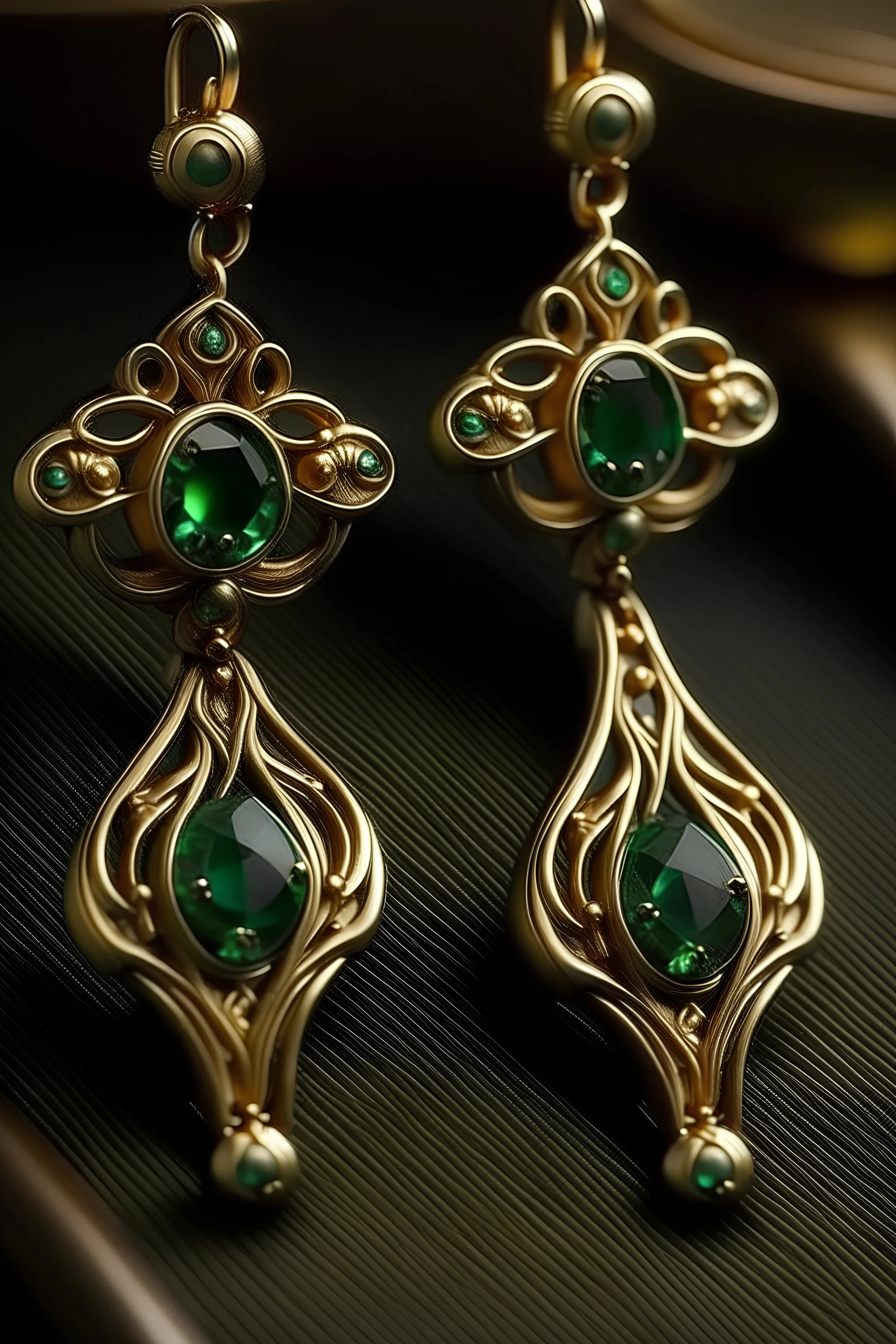 Gold earrings in Art Nouveau style with small emeralds