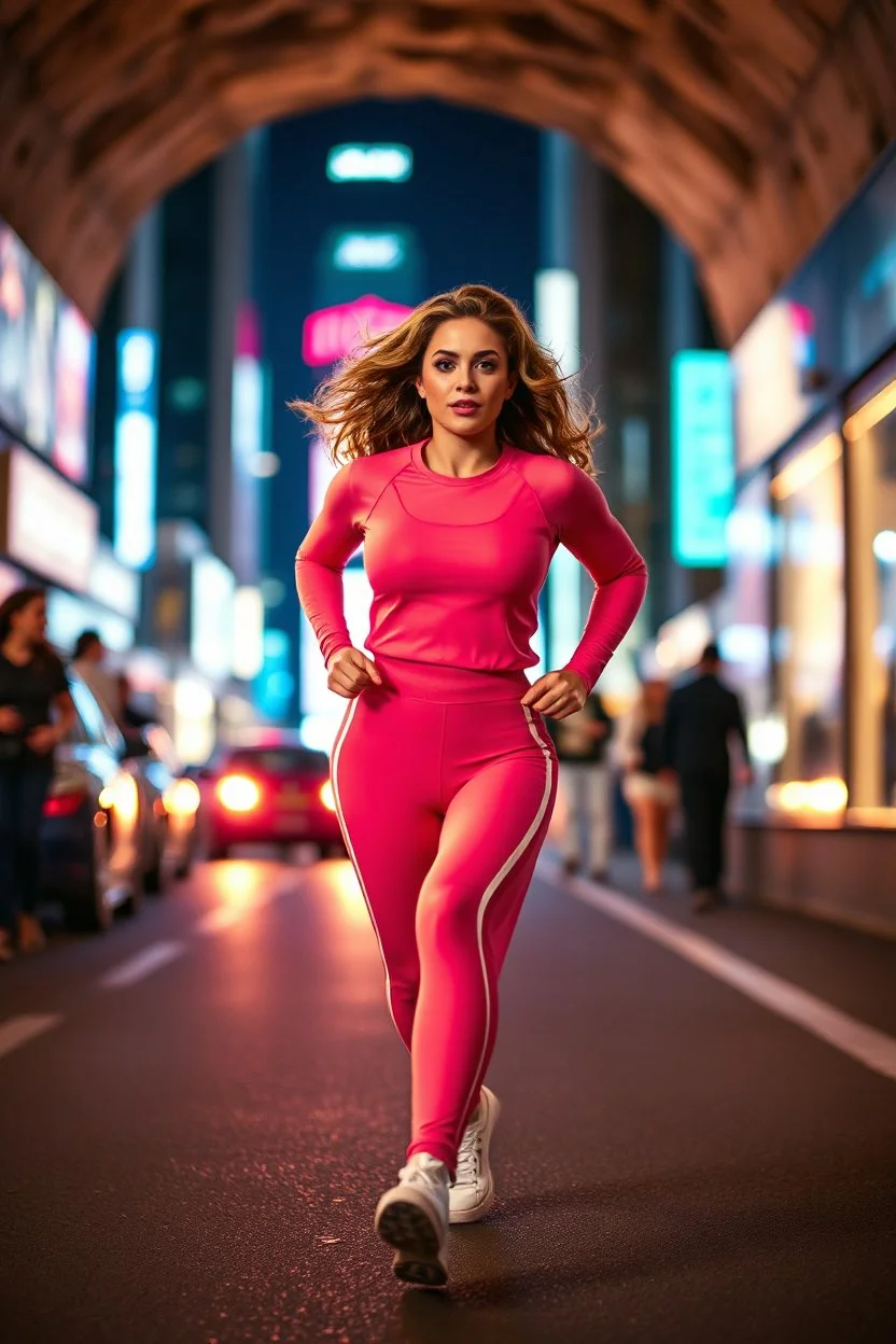 a modern city jewell lights , a beautiful fashion model lady with cute,curvy hair,makeup, in pretty sports suit is running in street ,dynamic camera fallow her inside cave capturing full body, dynamic lights.